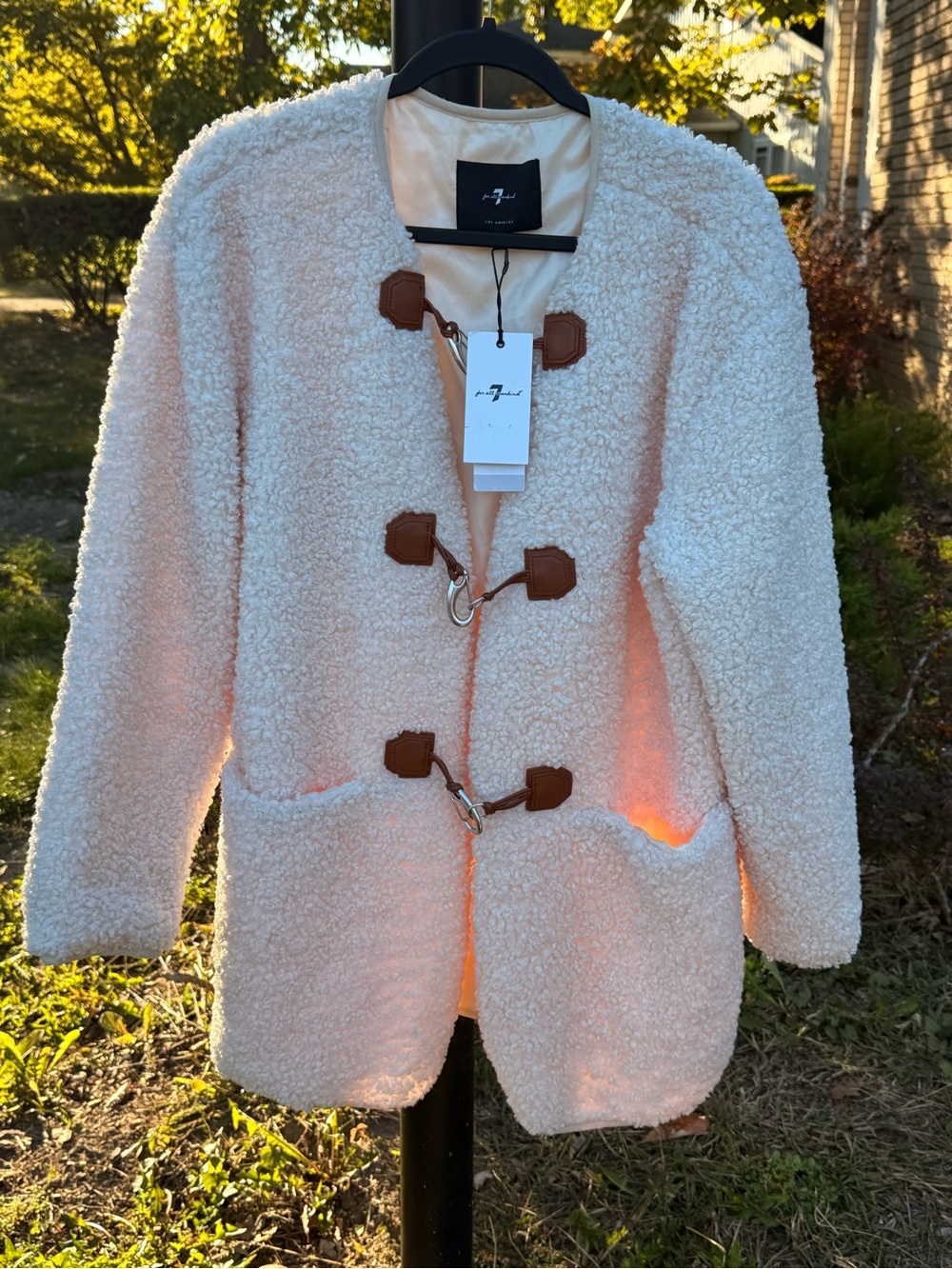 7 For All Mankind Cream Teddy Sherpa Jacket with Brown Toggle Closures